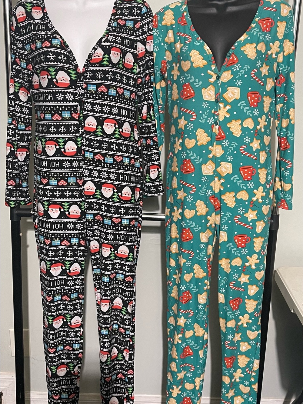 Lot of 2 Medium Christmas Holiday Pajamas Jumpsuits Button Up Long sleeve